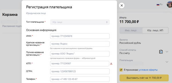 Данные плательщика Яндекс Бизнес